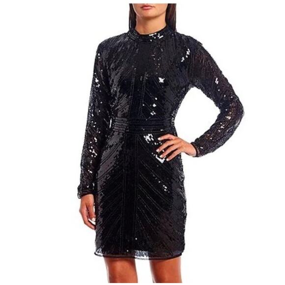 GB Black Long Sleeve Sequin Special Occasion Mock Dress Cocktail Formal Size M - Picture 1 of 10